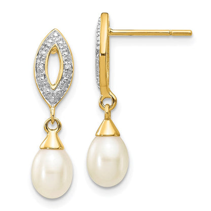 14K Gelbgold Ohrhänger mit 7x5 mm weißer tropfenförmiger Süßwasserzuchtperle und 0,01 ct. echten Diamanten