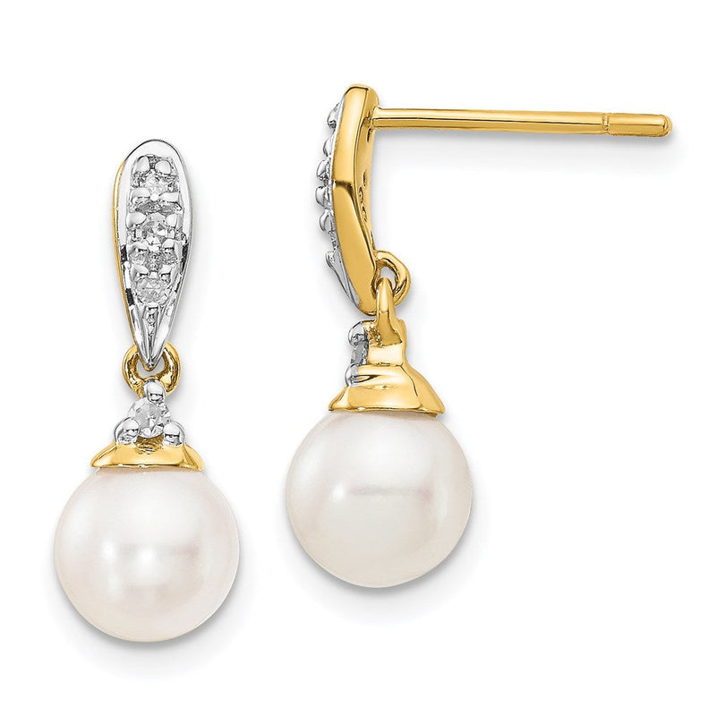 14K Gelbgold Ohrhänger mit 6-7 mm weißer runder Süßwasser-Zuchtperle und 0,08 ct. echten Diamanten