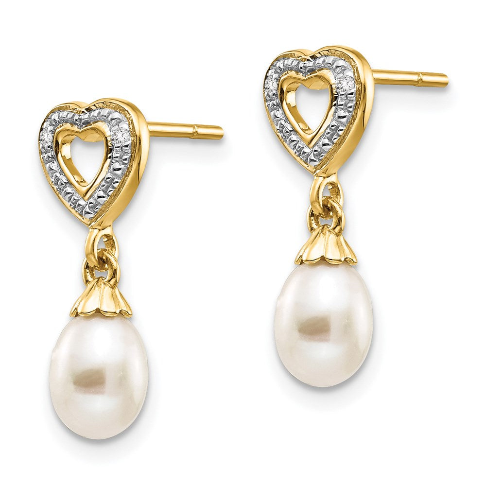 14K Gelbgold Tropfen-Ohrhänger, 7x5 mm, Süßwasser-Zuchtperlen und 0,01 ct. echte Diamanten, Herz