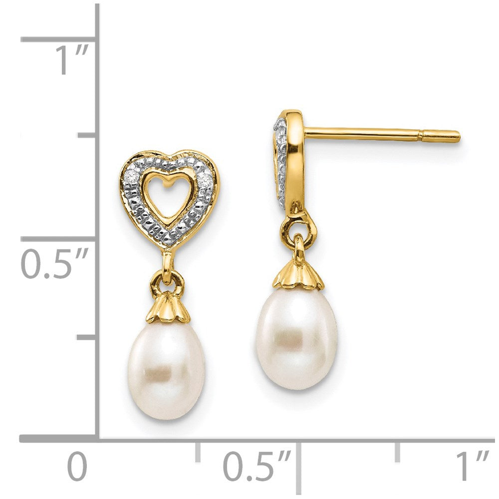 14K Gelbgold Tropfen-Ohrhänger, 7x5 mm, Süßwasser-Zuchtperlen und 0,01 ct. echte Diamanten, Herz