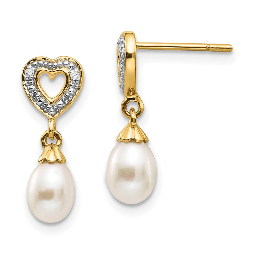 14K Gelbgold Tropfen-Ohrhänger, 7x5 mm, Süßwasser-Zuchtperlen und 0,01 ct. echte Diamanten, Herz