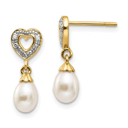 14K Gelbgold Tropfen-Ohrhänger, 7x5 mm, Süßwasser-Zuchtperlen und 0,01 ct. echte Diamanten, Herz