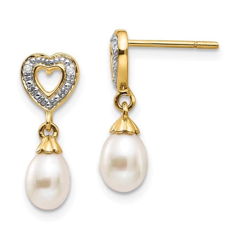 14K Gelbgold Tropfen-Ohrhänger, 7x5 mm, Süßwasser-Zuchtperlen und 0,01 ct. echte Diamanten, Herz