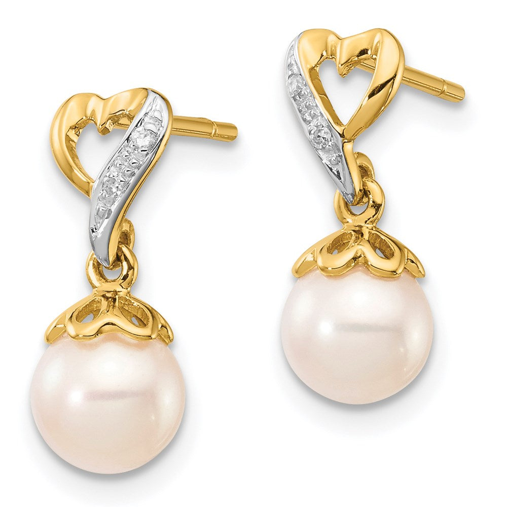 14K Gelbgold Ohrhänger mit runden FWC-Zuchtperlen 6-7 mm und Herz-Diamant 0,01 ct., echt