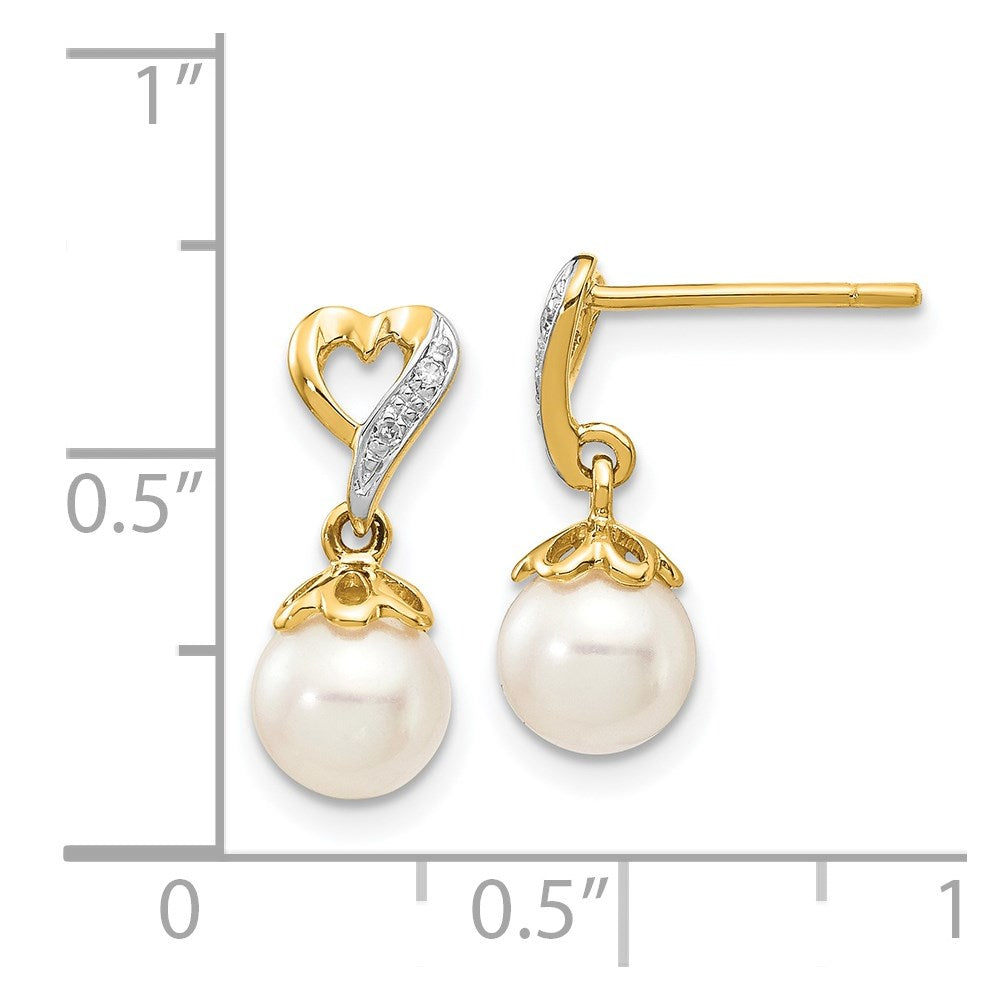 14K Gelbgold Ohrhänger mit runden FWC-Zuchtperlen 6-7 mm und Herz-Diamant 0,01 ct., echt