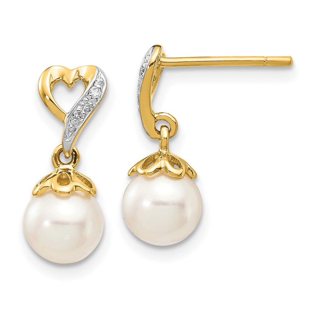 14K Gelbgold Ohrhänger mit runden FWC-Zuchtperlen 6-7 mm und Herz-Diamant 0,01 ct., echt