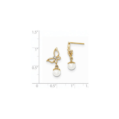 14K Gelbgold Ohrhänger mit echten Diamanten und 5-6 mm Süßwasser-Zuchtperlen, Schmetterling-Design, Ohrstecker