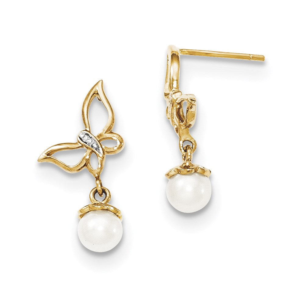 14K Gelbgold Ohrhänger mit echten Diamanten und 5-6 mm Süßwasser-Zuchtperlen, Schmetterling-Design, Ohrstecker