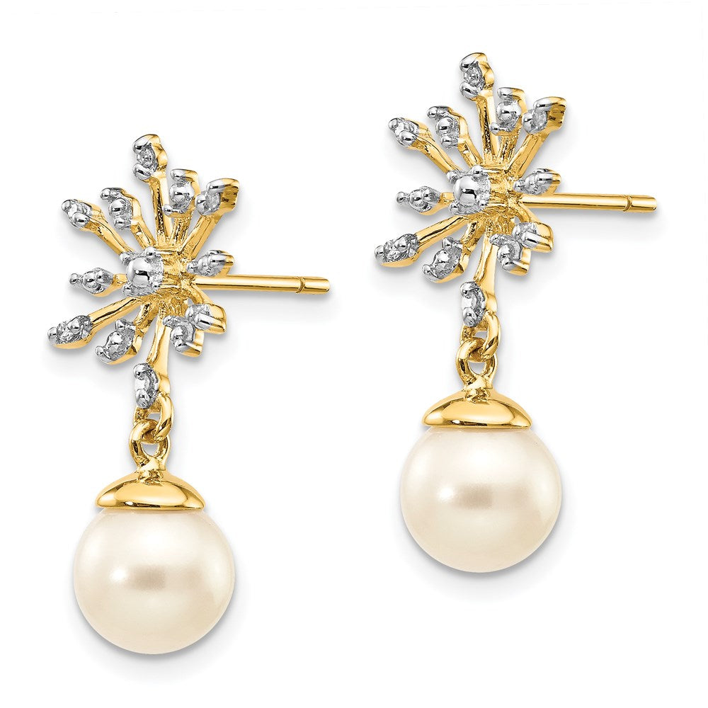 14K Gelbgold Ohrstecker mit echten Diamanten und 7-8 mm runden Süßwasser-Zuchtperlen, Blumen-Design