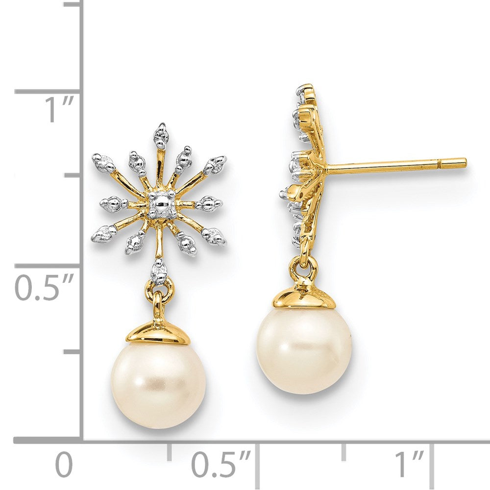 14K Gelbgold Ohrstecker mit echten Diamanten und 7-8 mm runden Süßwasser-Zuchtperlen, Blumen-Design