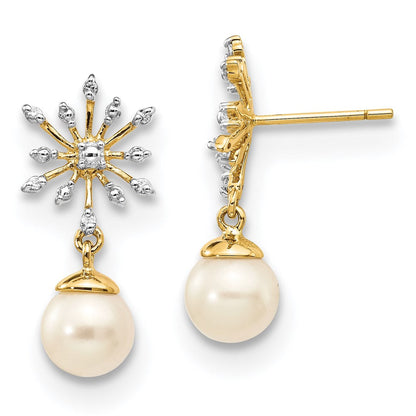 14K Gelbgold Ohrstecker mit echten Diamanten und 7-8 mm runden Süßwasser-Zuchtperlen, Blumen-Design