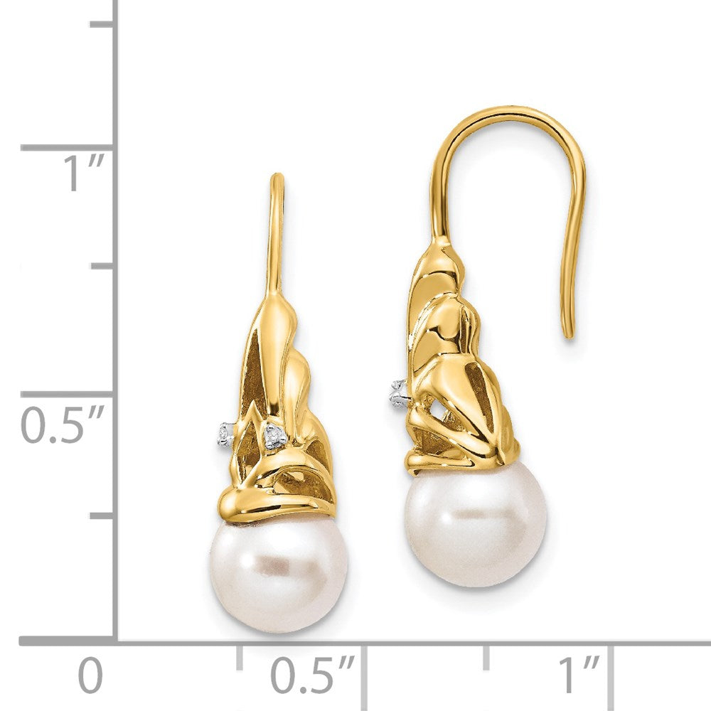 14K Gelbgold Ohrhänger mit echten Diamanten und runden 7-8 mm Süßwasser-Zuchtperlen
