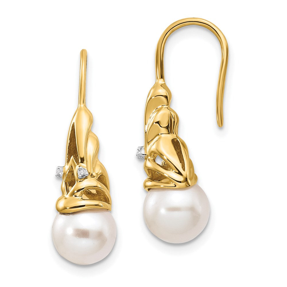 14K Gelbgold Ohrhänger mit echten Diamanten und runden 7-8 mm Süßwasser-Zuchtperlen