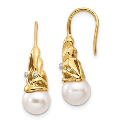 14K Gelbgold Ohrhänger mit echten Diamanten und runden 7-8 mm Süßwasser-Zuchtperlen