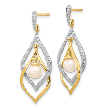 14K Gelbgold Ohrhänger mit weißer runder Süßwasser-Zuchtperle 5-6 mm und 0,02 ct. echtem Diamant