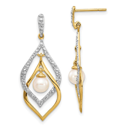 14K Gelbgold Ohrhänger mit weißer runder Süßwasser-Zuchtperle 5-6 mm und 0,02 ct. echtem Diamant