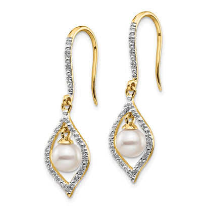 14K Gelbgold Ohrhänger mit 6-7 mm weißen runden FWC-Zuchtperlen und 0,02 ct. echten Diamanten