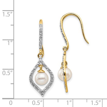 14K Gelbgold Ohrhänger mit 6-7 mm weißen runden FWC-Zuchtperlen und 0,02 ct. echten Diamanten