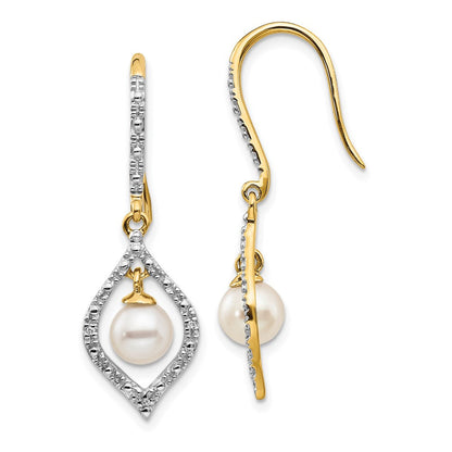 14K Gelbgold Ohrhänger mit 6-7 mm weißen runden FWC-Zuchtperlen und 0,02 ct. echten Diamanten