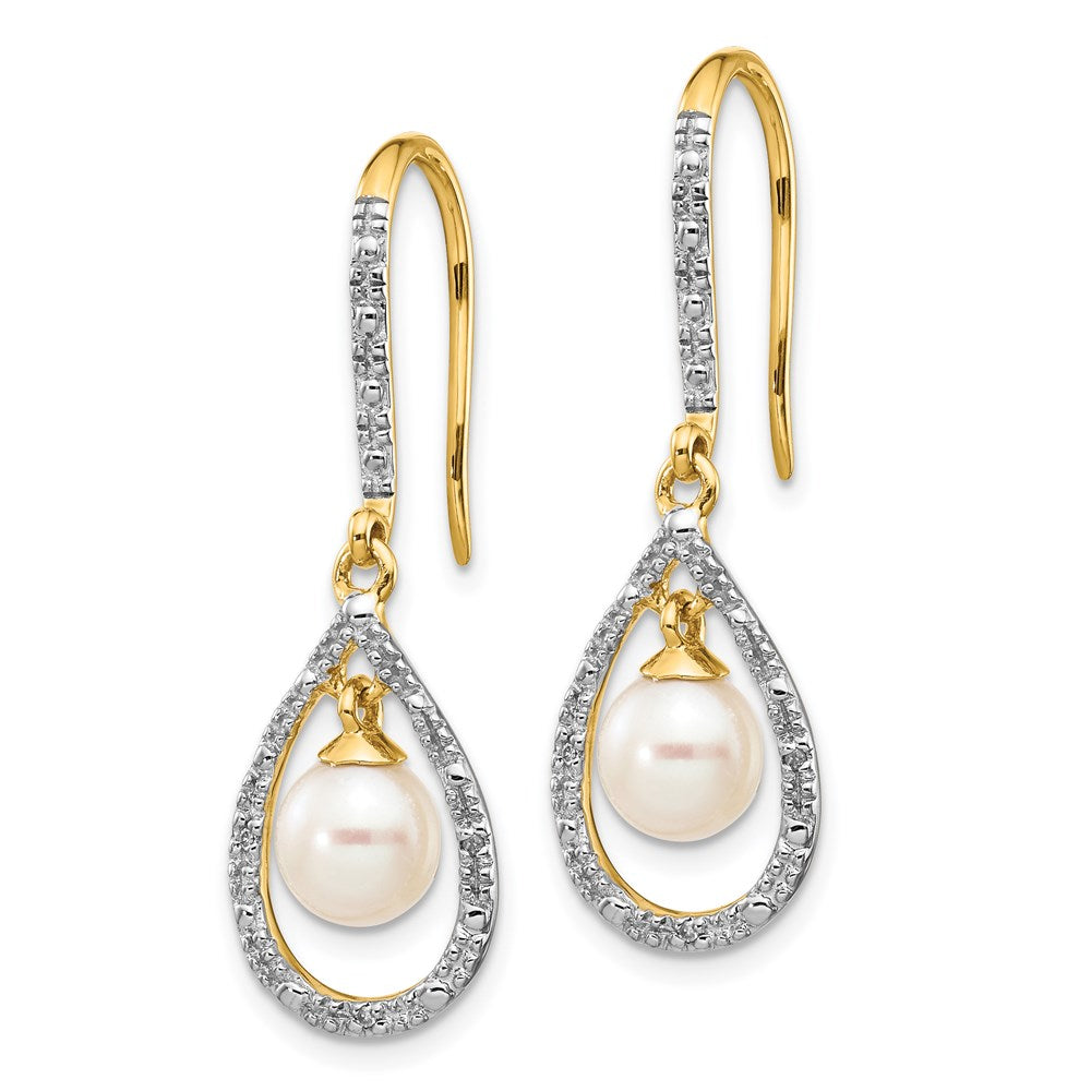 14K Gelbgold Ohrhänger mit 6-7 mm weißer runder Süßwasser-Zuchtperle und 0,02 ct. echten Diamanten