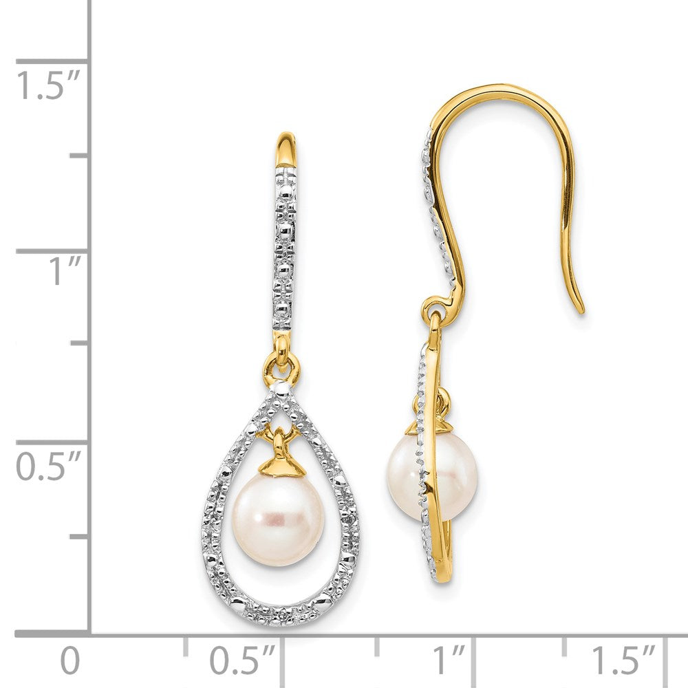 14K Gelbgold Ohrhänger mit 6-7 mm weißer runder Süßwasser-Zuchtperle und 0,02 ct. echten Diamanten