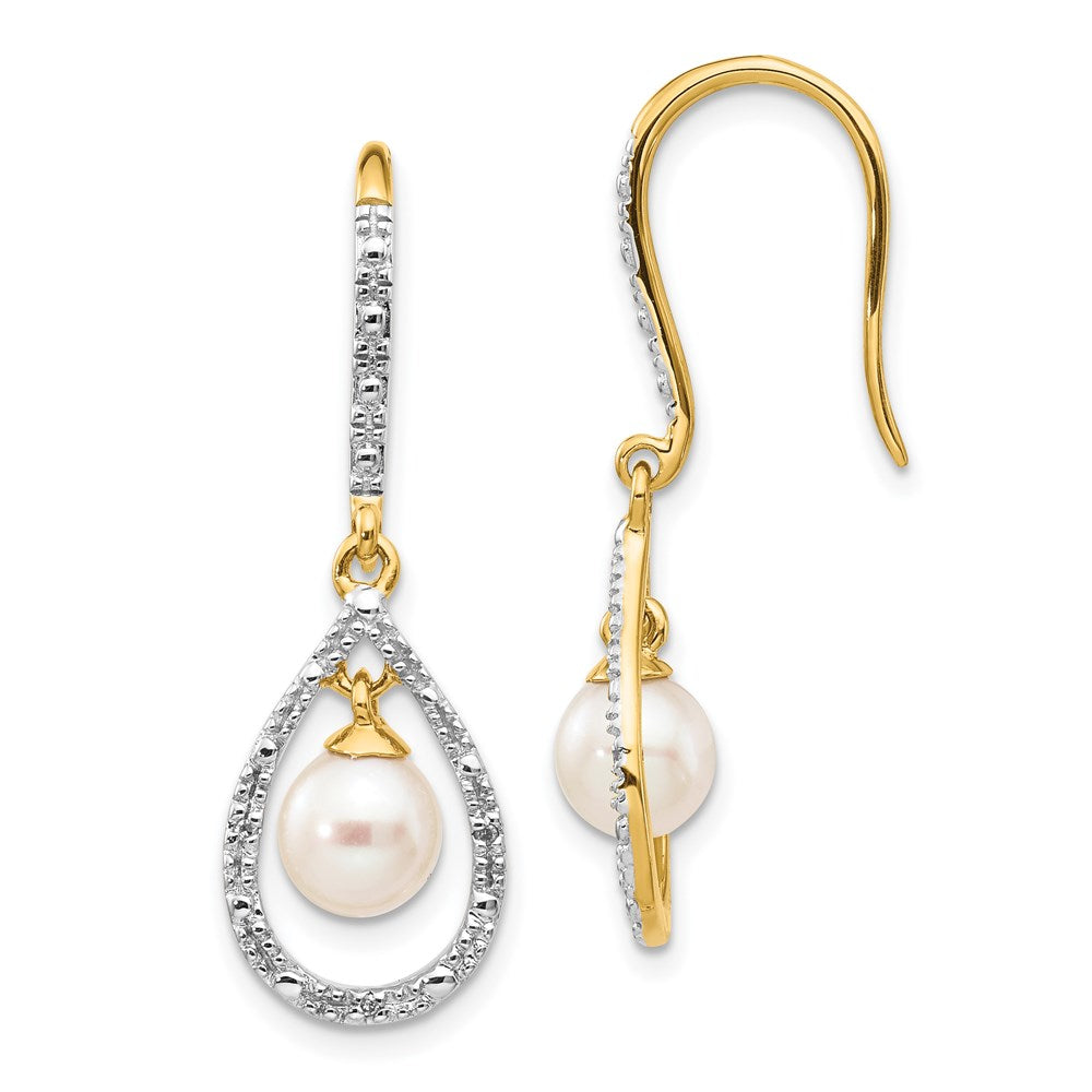 14K Gelbgold Ohrhänger mit 6-7 mm weißer runder Süßwasser-Zuchtperle und 0,02 ct. echten Diamanten