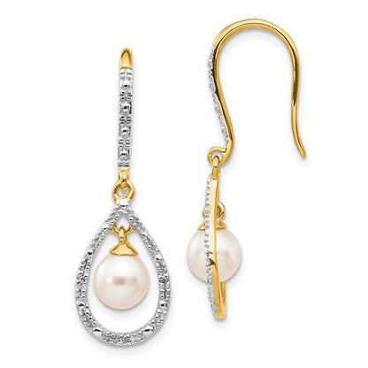 14K Gelbgold Ohrhänger mit 6-7 mm weißer runder Süßwasser-Zuchtperle und 0,02 ct. echten Diamanten