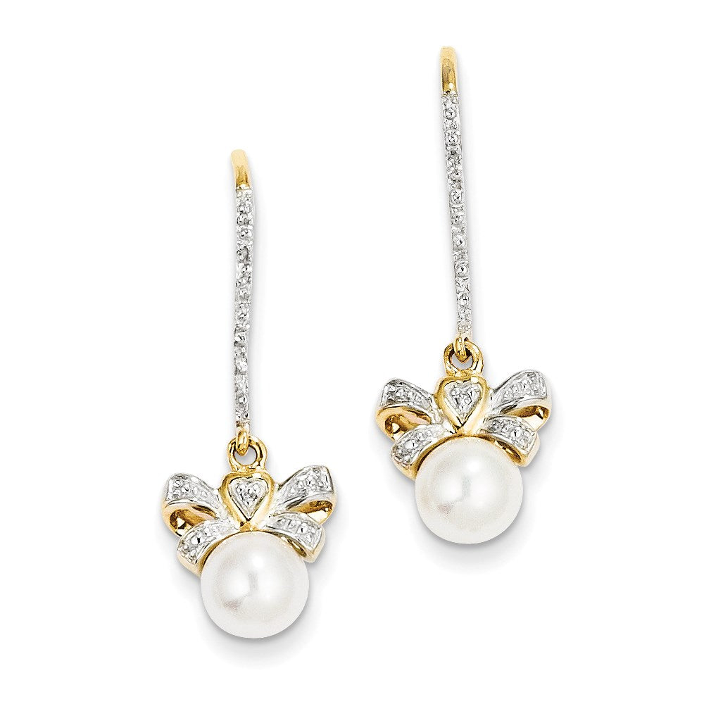 14K Gelbgold Ohrhänger mit echten Diamanten und Süßwasser-Zuchtperlen, Schleifen-Design