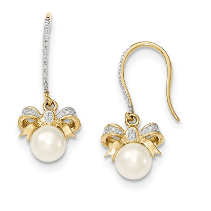 14K Gelbgold Ohrhänger mit echten Diamanten und 7-8 mm runden FW-Zuchtperlen in Schleifen-Design
