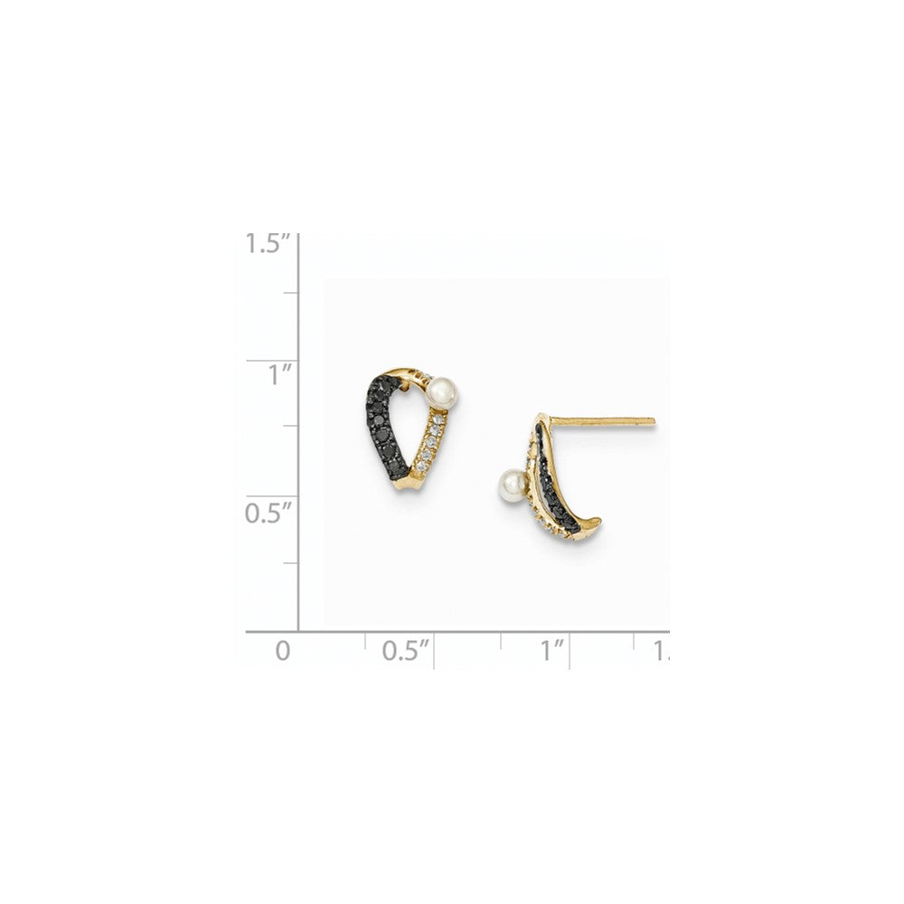 14K Gelbgold Ohrstecker mit schwarzen und weißen echten Diamanten und 3-4 mm runden gezüchteten Süßwasserperlen