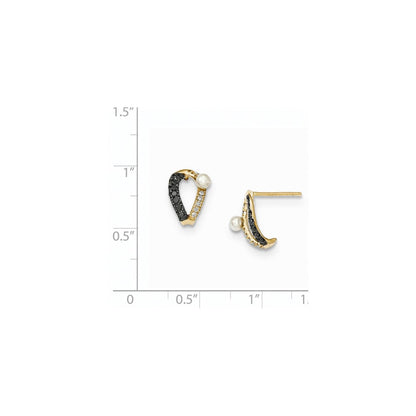 14K Gelbgold Ohrstecker mit schwarzen und weißen echten Diamanten und 3-4 mm runden gezüchteten Süßwasserperlen