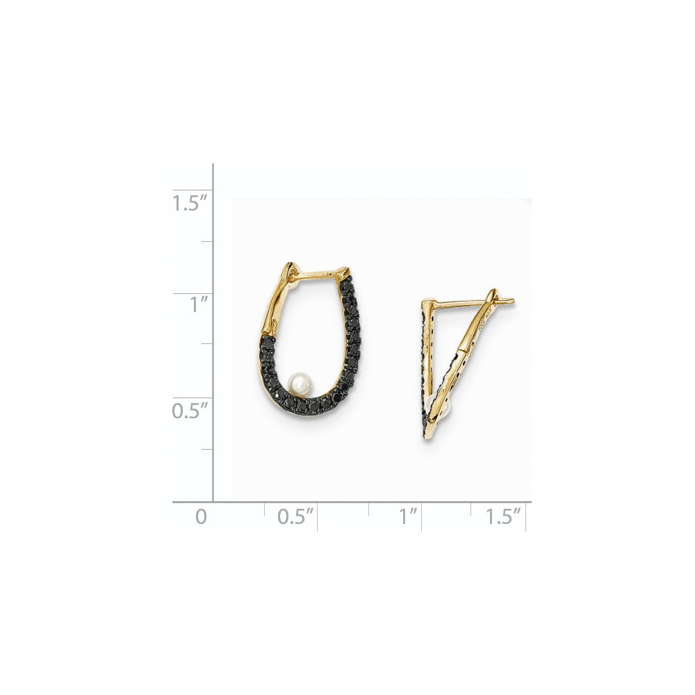 14K Gelbgold Creolen mit schwarzen echten Diamanten und 3-4 mm Süßwasser-Zuchtperlen