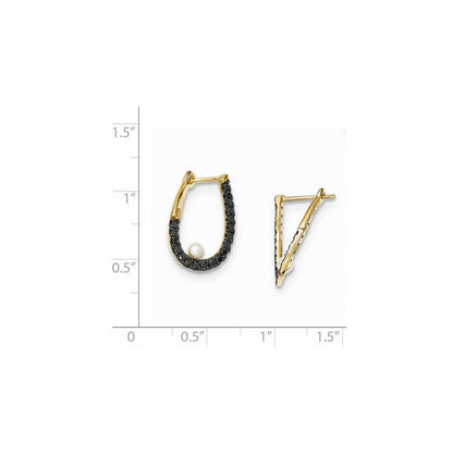 14K Gelbgold Creolen mit schwarzen echten Diamanten und 3-4 mm Süßwasser-Zuchtperlen