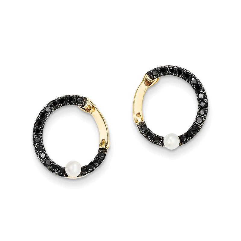 14K Gelbgold Creolen mit schwarzen echten Diamanten und Süßwasserzuchtperlen