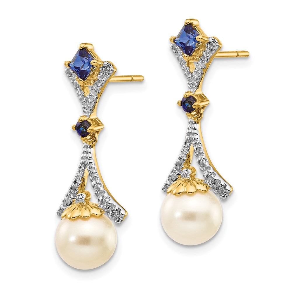 14K Gelbgold Ohrhänger mit 7-8mm FWC-Perle, gezüchtetem Saphir und echtem Diamant