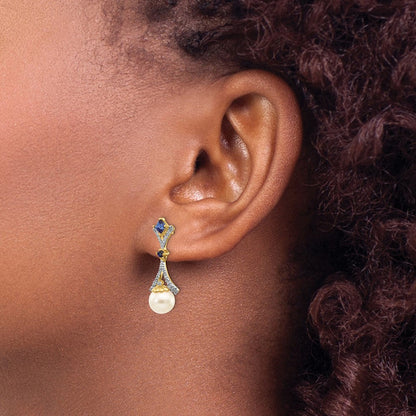14K Gelbgold Ohrhänger mit 7-8mm FWC-Perle, gezüchtetem Saphir und echtem Diamant