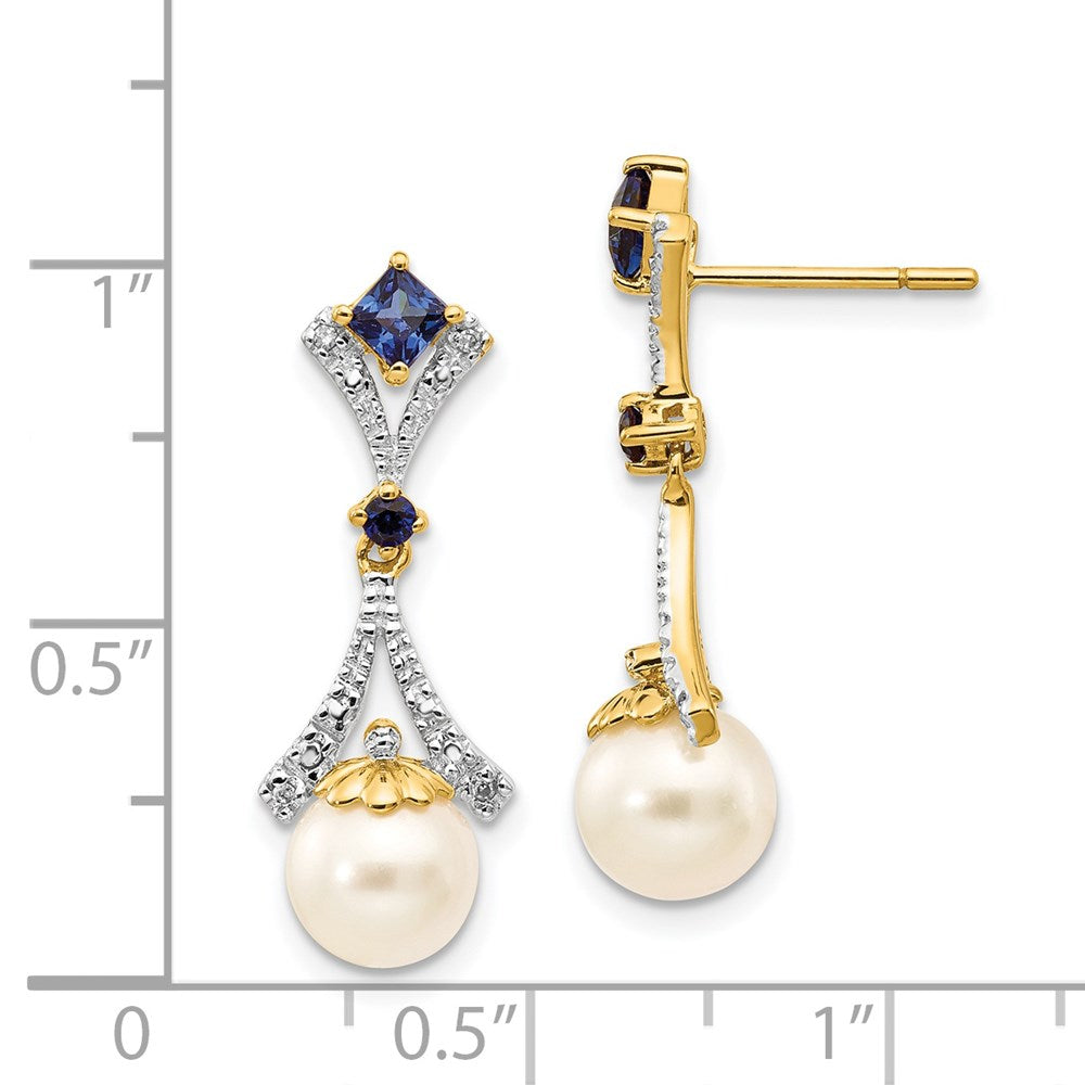 14K Gelbgold Ohrhänger mit 7-8mm FWC-Perle, gezüchtetem Saphir und echtem Diamant