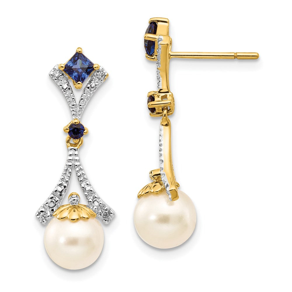 14K Gelbgold Ohrhänger mit 7-8mm FWC-Perle, gezüchtetem Saphir und echtem Diamant