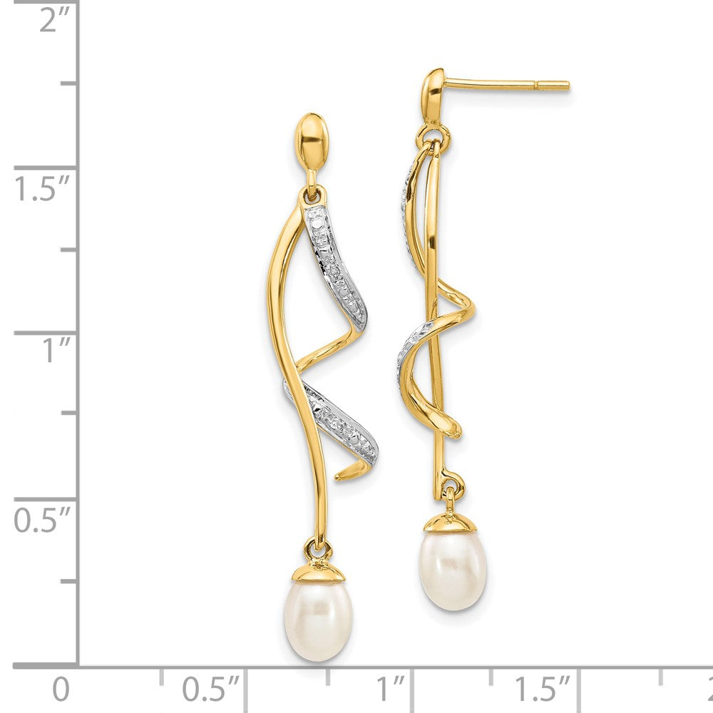 14K Gelbgold 7x5 mm weiße Tropfen-Süßwasserzuchtperle mit 0,01 ct. echten Diamanten Ohrhänger