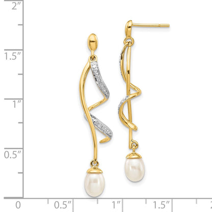 14K Gelbgold 7x5 mm weiße Tropfen-Süßwasserzuchtperle mit 0,01 ct. echten Diamanten Ohrhänger