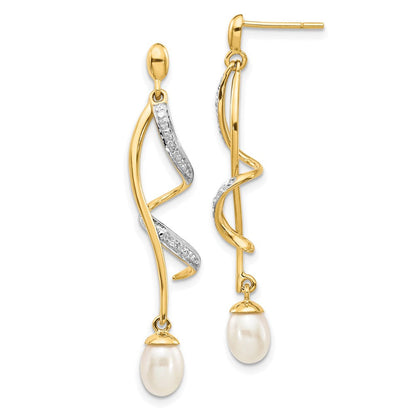 14K Gelbgold 7x5 mm weiße Tropfen-Süßwasserzuchtperle mit 0,01 ct. echten Diamanten Ohrhänger