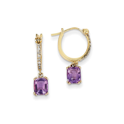 14K Gelbgold Echt Diamant & Amethyst Hängend Creolen