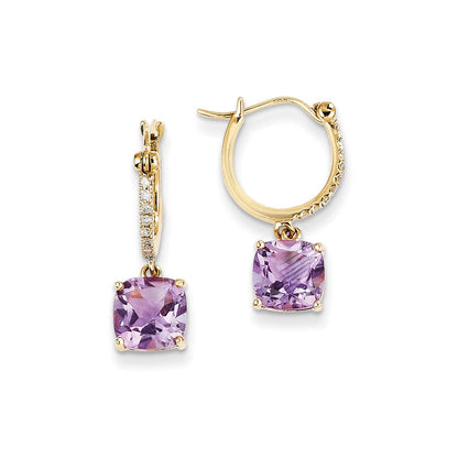 14K Gelbgold Echt Diamant & Amethyst Hängend Creolen
