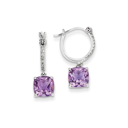 14K Weißgold Echt Diamant und Amethyst Hängend Creolen