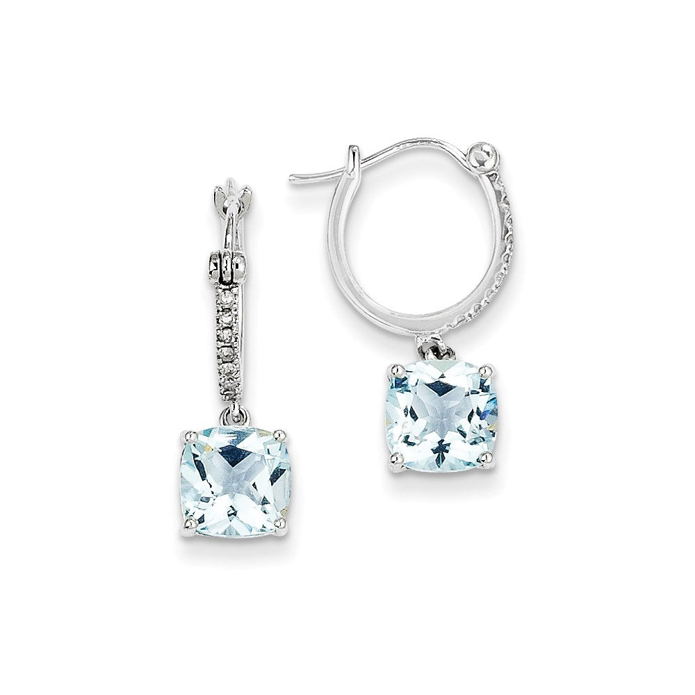 14K Weißgold Echt Diamant und Blautopas Hängend Creolen