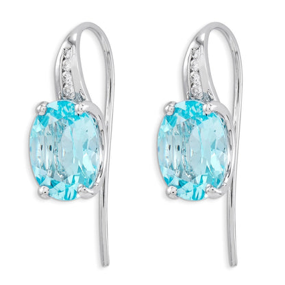 14K Weißgold Echt Diamant und Blautopas Oval Ohrhänger