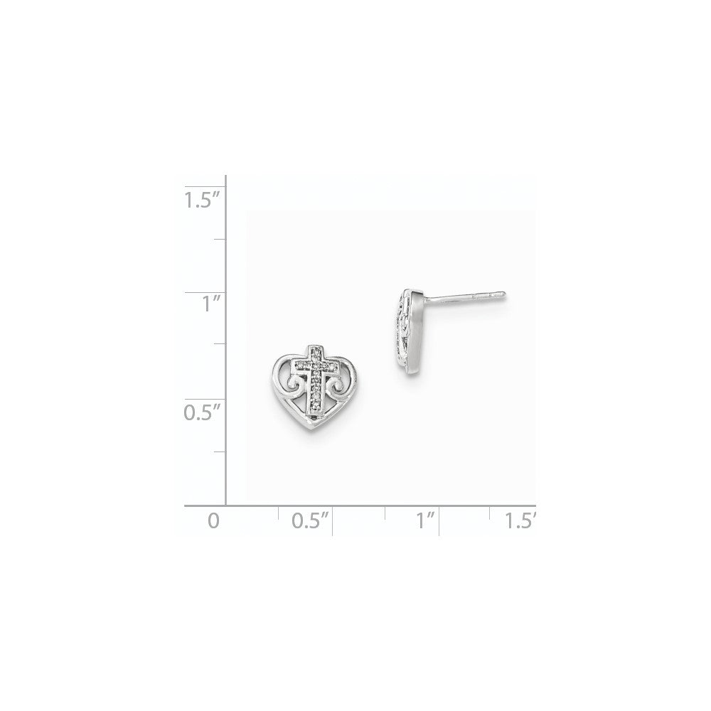 14K Weißgold Ohrstecker Herz mit Kreuz und echtem Diamant