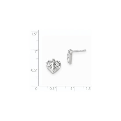 14K Weißgold Ohrstecker Herz mit Kreuz und echtem Diamant