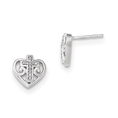14K Weißgold Ohrstecker Herz mit Kreuz und echtem Diamant