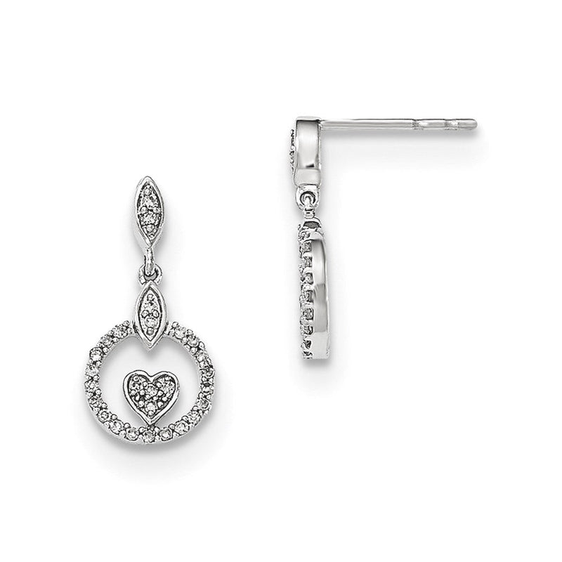 14K Weißgold Polierte Kreis-Ohrhänger mit Herz und echtem Diamant